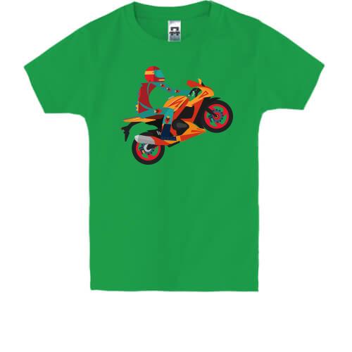 Детская футболка с арт иллюстрацией мотоциклиста спортсмена