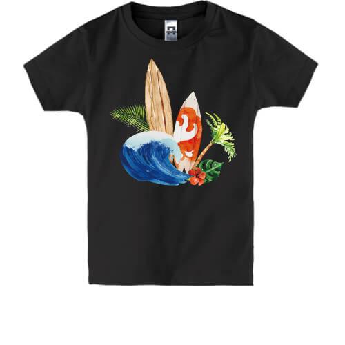 Детская футболка с досками для серфинга и волной