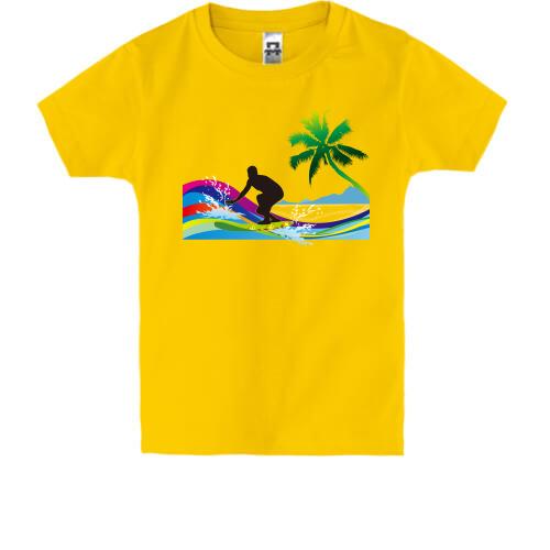 Детская футболка с серфингистом и радужными волнами