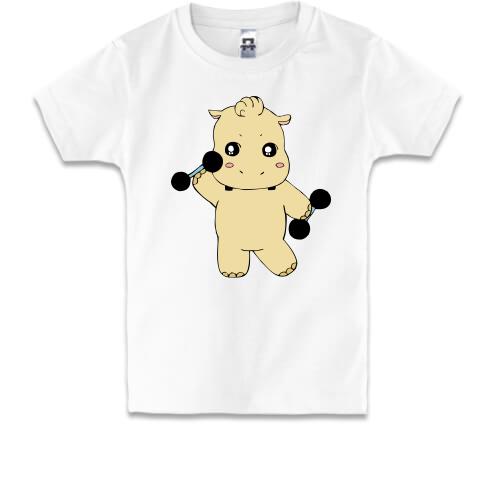 Детская футболка с бегемотом и гантелями