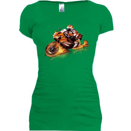 Подовжена футболка з палаючим мотоциклом