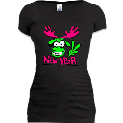 Женская удлиненная футболка с новогодним оленем