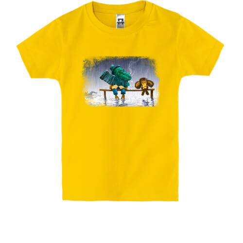 Детская футболка с изображением Чебурашки и Гены на лавочке