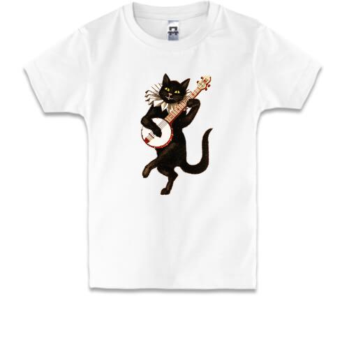Детская футболка с черным котом и банджо