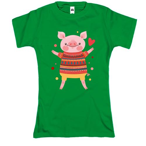 Футболка зі свинкою в новорічному светрі