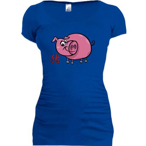 Подовжена футболка з китайською свинею і ієрогліфом