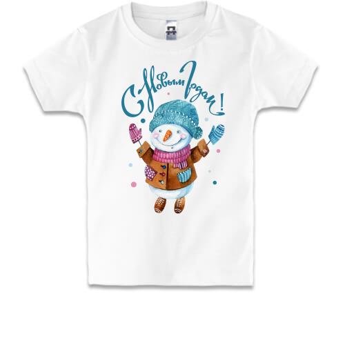 Детская футболка со снеговиком и надписью 