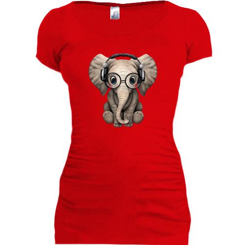 Подовжена футболка зі слоником в навушниках