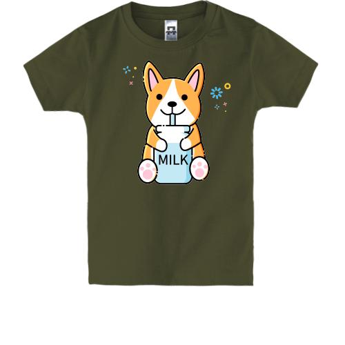 Детская футболка Corgi drinks Milk