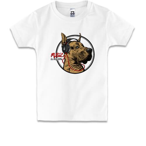 Детская футболка с собакой - Music is my life