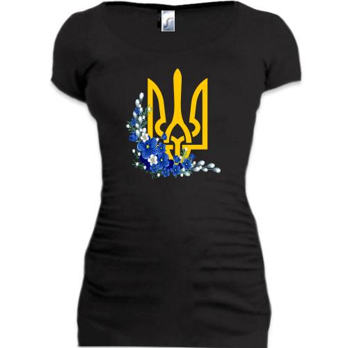 Подовжена футболка з гербом України в квітах