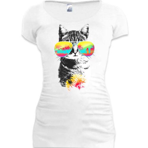 Подовжена футболка з котом в сонячних окулярах