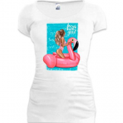 Подовжена футболка Дівчина на надувному фламінго