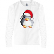 Детская футболка с длинным рукавом с пингвином в новогодней шапо