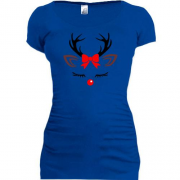 Подовжена футболка з новорічним оленем в бантику