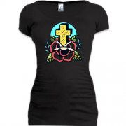 Подовжена футболка з хрестом і квіткою