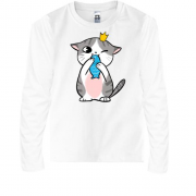 Детская футболка с длинным рукавом с котом кушающим рыбку