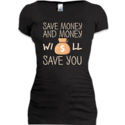 Подовжена футболка з написом Save money