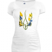 Подовжена футболка з гербом України із акварельних квітів