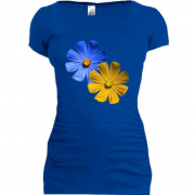 Подовжена футболка із жовто-синіми квітками