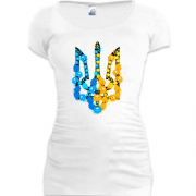 Подовжена футболка з гербом України з жовто-синіх квітів