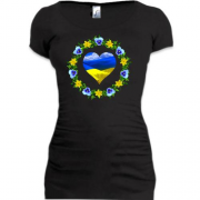 Подовжена футболка Жовто-синє серце у вінку квітів