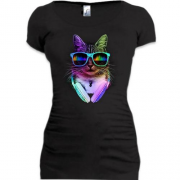 Подовжена футболка Яскравий кіт у навушниках