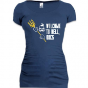 Подовжена футболка з принтом Wellcome to hell, orcs