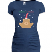 Подовжена футболка з ведмедиком у новорічній шапочці