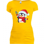 Подовжена футболка з пінгвінком та ялинкою