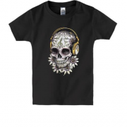 Дитяча футболка з черепом у квітах та навушниках