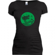 Подовжена футболка з китайським зеленим драконом та ієрогліфом