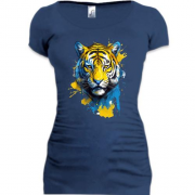 Подовжена футболка з тигром у жовто-синіх фарбах