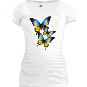 Подовжена футболка з жовто-синіми метеликами