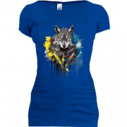 Подовжена футболка вовк у жовто-синій акварелі (арт)