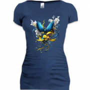 Подовжена футболка Птах на жовто-синьому букеті (арт)