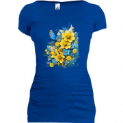 Подовжена футболка Жовто-синій квітковий арт з метеликом