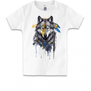 Детская футболка Волк с желто-синими перьями