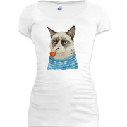 Женская удлиненная футболка с котом-матросом