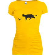 Подовжена футболка кіт з пташкою