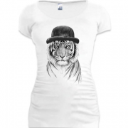 Женская удлиненная футболка с тигром в шляпе