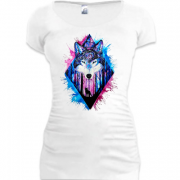 Женская удлиненная футболка с волком в акварельной абстракции