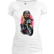 Женская удлиненная футболка с котом - байкером