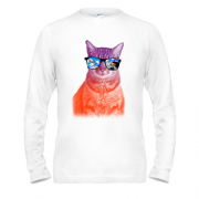Лонгслив с разноцветным котом в очках