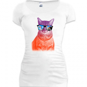 Женская удлиненная футболка с разноцветным котом в очках