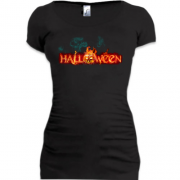 Подовжена футболка з вогненним написом Halloween