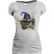 Подовжена футболка з котом в шапці чарівника