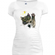Подовжена футболка з акварельним котом (2)