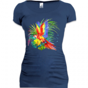 Подовжена футболка з яскравим папугою з квітами