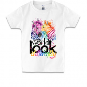 Детская футболка с зебрами "Look at the world differentty"